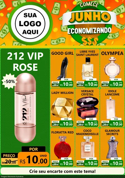 Modelo de Encarte para Encarte A4 Vertical com o tema Comece Junho Economizando para Perfumes