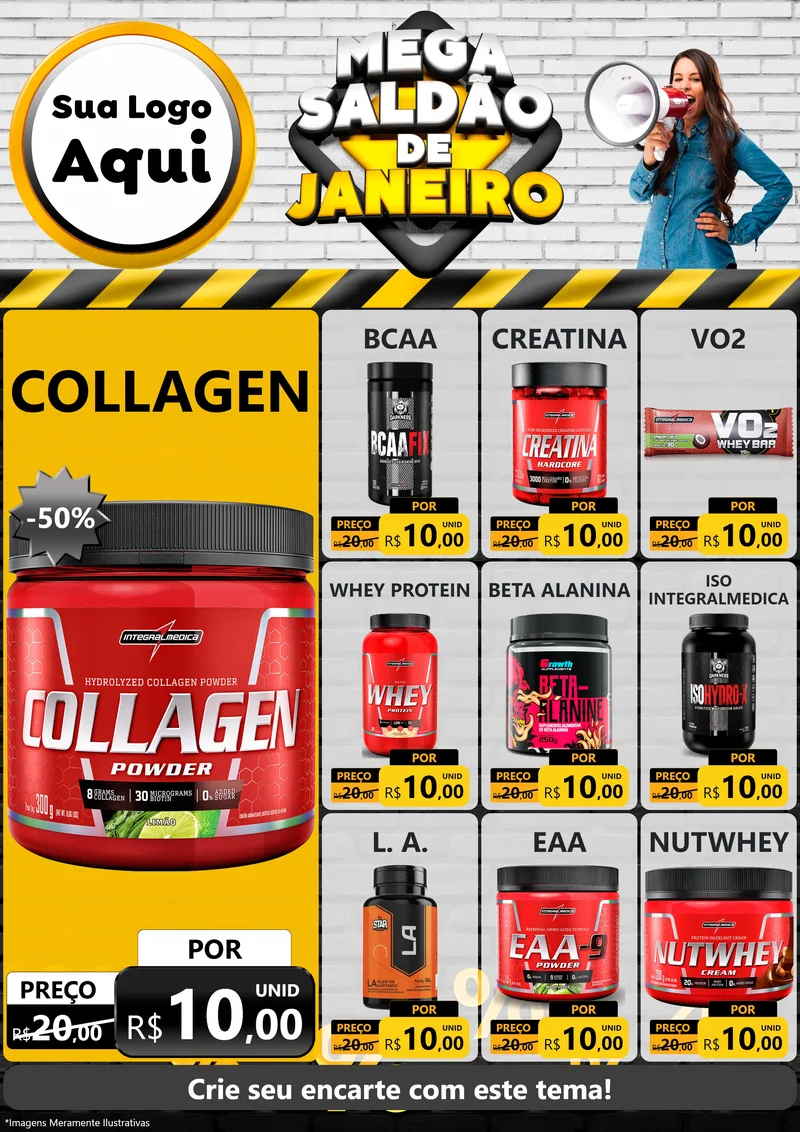 Modelo de Encarte para Encarte A4 Vertical com o tema Mega Saldão de Janeiro para Suplementos alimentares