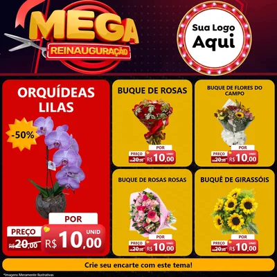 Modelo de Rede Social para Feed Facebook com o tema Mega Reinauguração para Floricultura e jardim