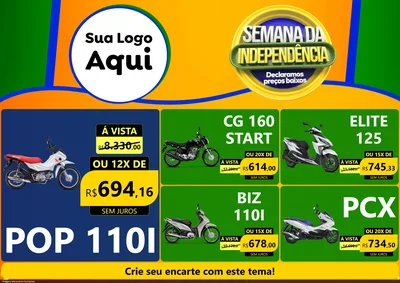 Modelo de Encarte para Encarte A4 Horizontal com o tema Semana da Independência Declaramos Preços Baixos para Concessionaria de Motos