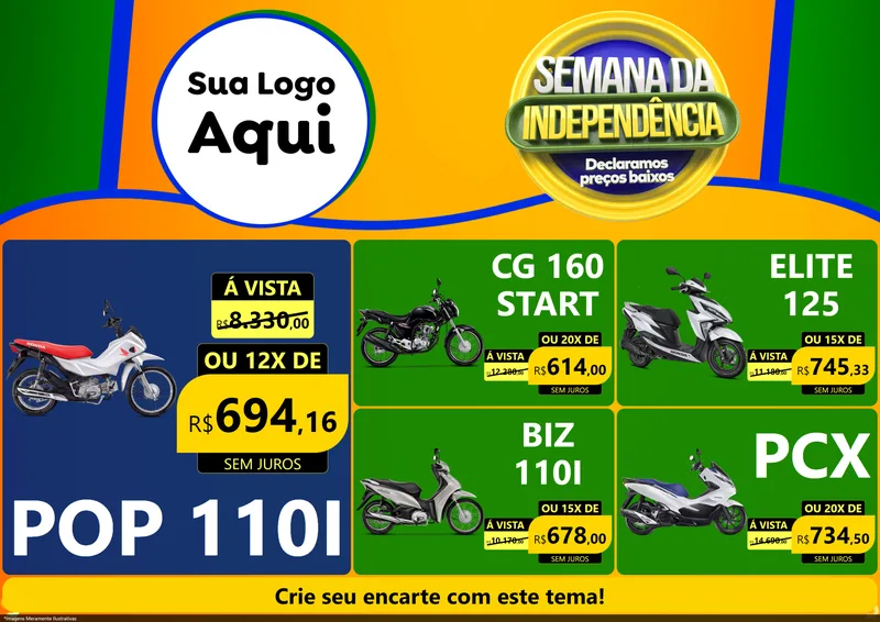 Modelo de Encarte para Encarte A4 Horizontal com o tema Semana da Independência Declaramos Preços Baixos para Concessionaria de Motos