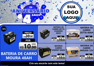 Modelo de Encarte para Encarte A4 Horizontal com o tema Promoção de Aniversário - 4 Anos para Baterias Elétricas