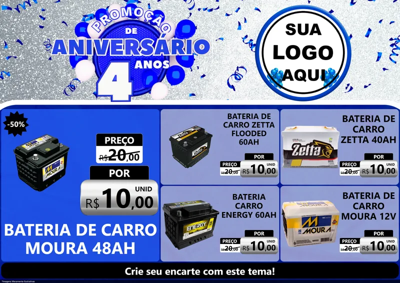 Modelo de Encarte para Encarte A4 Horizontal com o tema Promoção de Aniversário - 4 Anos para Baterias Elétricas