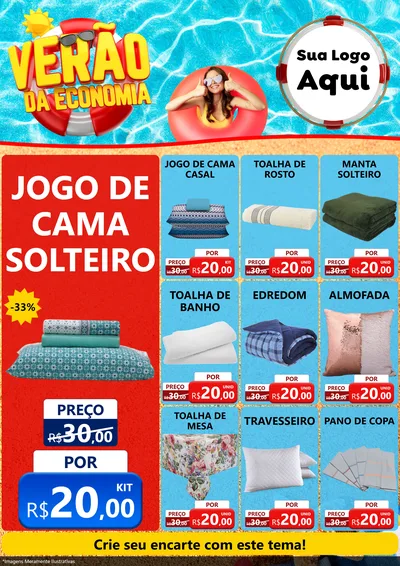 Modelo de Encarte para Encarte A4 Vertical com o tema Verão da Economia para Cama, Mesa e Banho