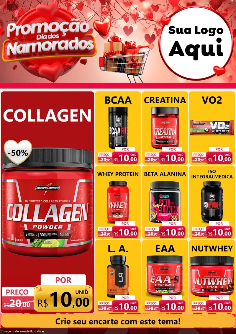 Modelo de Encarte para Encarte A4 Vertical com o tema Promoção Dia dos Namorados para Suplementos alimentares