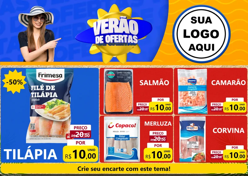 Modelo de Encarte para Encarte A4 Horizontal com o tema Verão de Ofertas para Peixaria