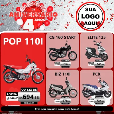 Modelo de Rede Social para Feed Facebook com o tema Promoção de Aniversário - 4 Anos para Concessionaria de Motos