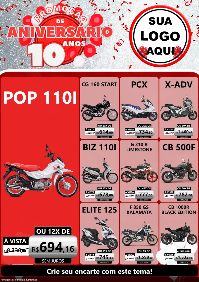 Modelo de Encarte para Encarte A4 Vertical com o tema Promoção de Aniversário - 10 Anos para Concessionaria de Motos