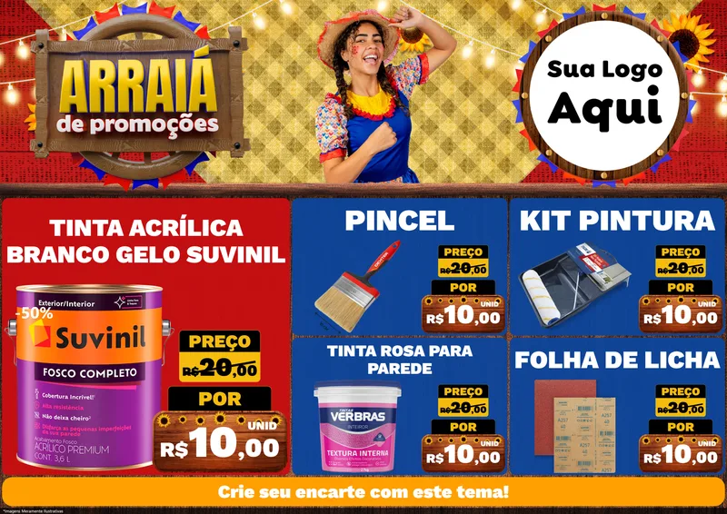 Modelo de Encarte para Encarte A4 Horizontal com o tema Arraiá de Promoções para Tintas e Ferramentas