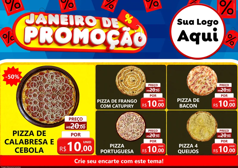 Modelo de Encarte para Encarte A4 Horizontal com o tema Janeiro de Promoção para Pizzaria