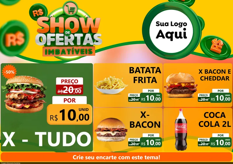 Modelo de Encarte para Encarte A4 Horizontal com o tema Show de Ofertas Imbatíveis para Hamburgueria