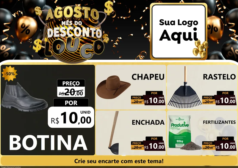 Modelo de Encarte para Encarte A4 Horizontal com o tema Agosto Mês do Desconto Louco para Agropecuária