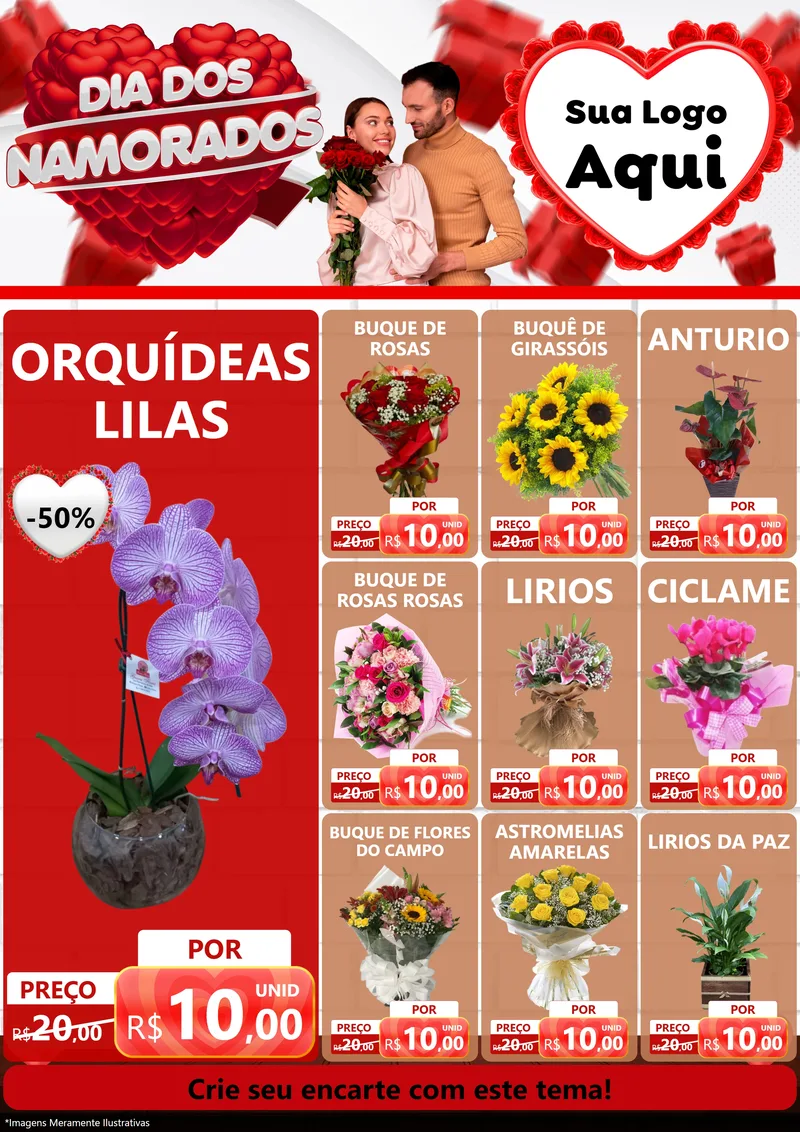 Modelo de Encarte para Encarte A4 Vertical com o tema Dia dos Namorados para Floricultura e jardim
