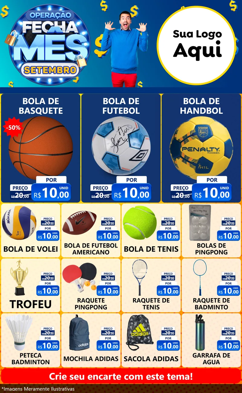 Modelo de Encarte para Encarte Grande com o tema Operação Fecha Mês Setembro para Artigos Esportivos