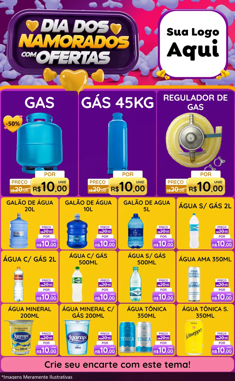 Modelo de Encarte para Encarte Grande com o tema Dia Dos Namorados Com Ofertas para Água e gás