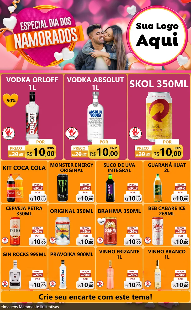 Modelo de Encarte para Encarte Grande com o tema Especial Dia dos Namorados para Distribuidora de bebidas