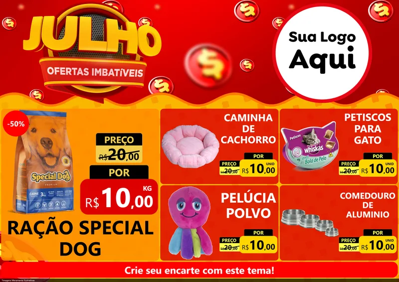 Modelo de Encarte para Encarte A4 Horizontal com o tema Julho Ofertas Imbatíveis para Pet Shop