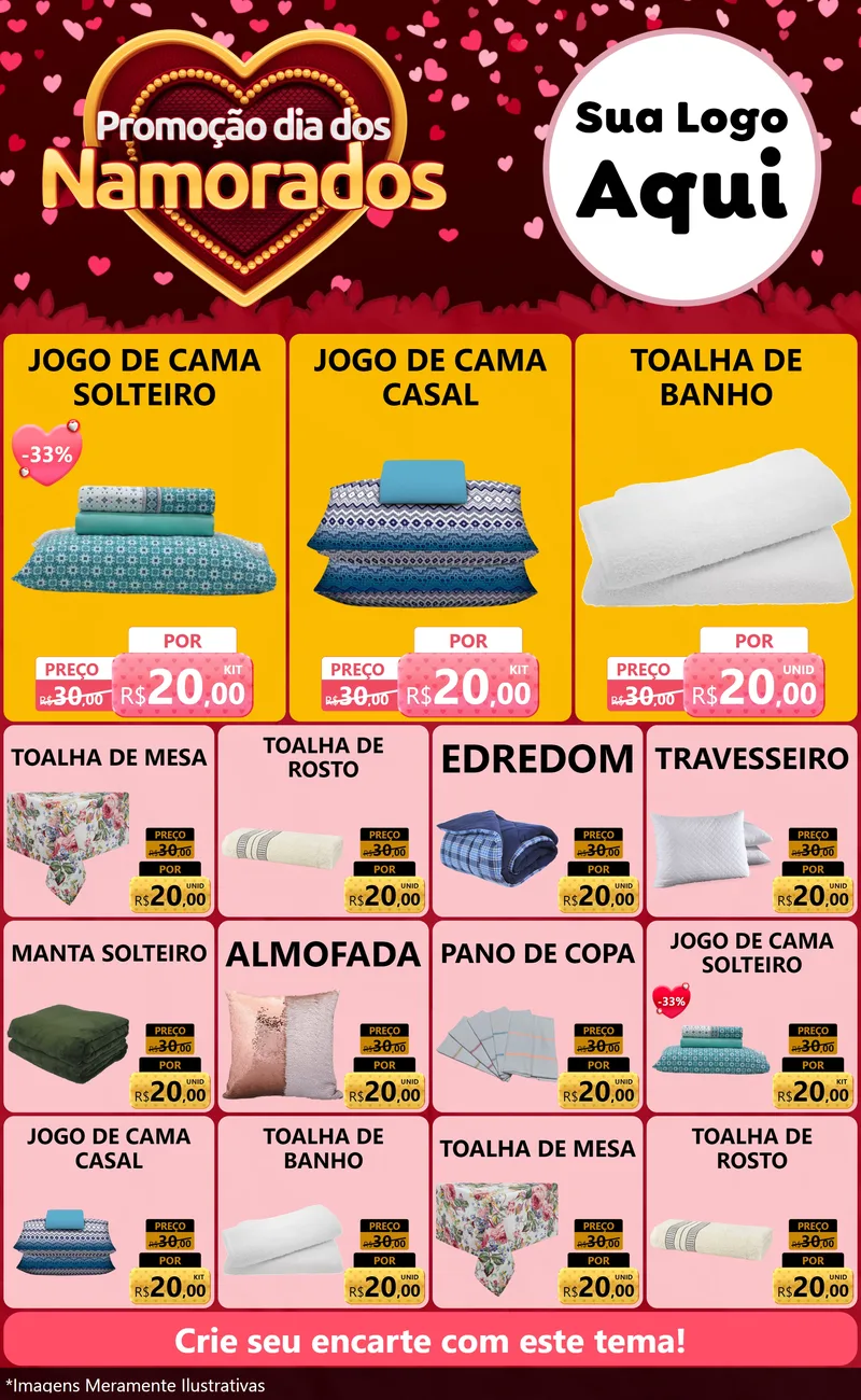 Modelo de Encarte para Encarte Grande com o tema Promoção Dia Dos Namorados para Cama, Mesa e Banho