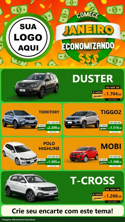 Modelo de TV para TV Vertical com o tema Comece Janeiro Economizando para Concessionaria de Carros