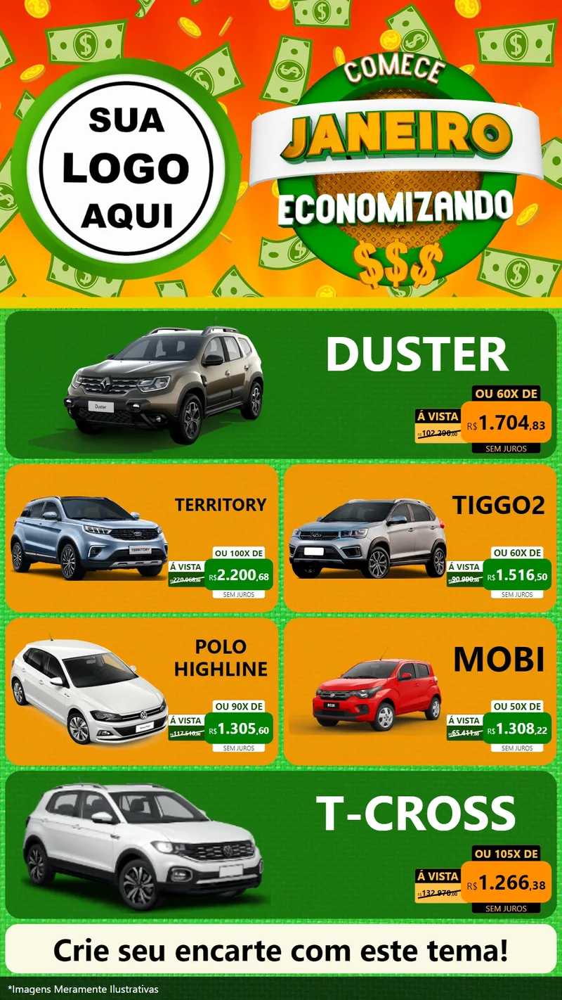 Modelo de TV para TV Vertical com o tema Comece Janeiro Economizando para Concessionaria de Carros