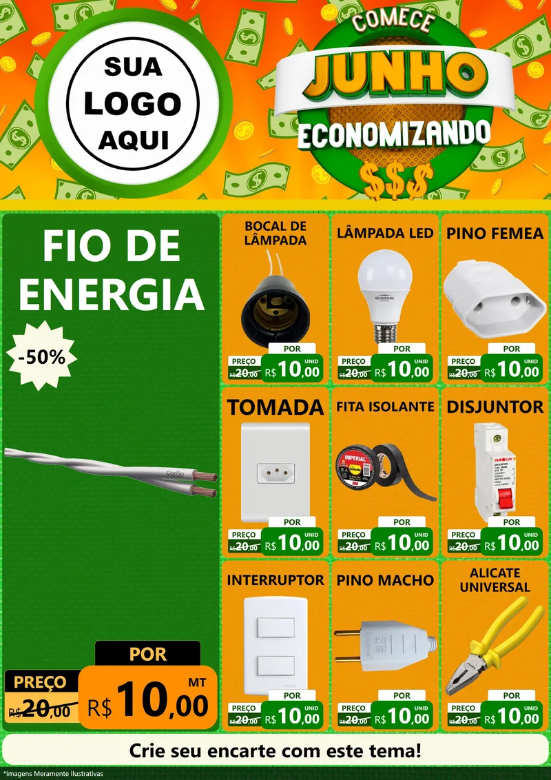 Modelo de Encarte para Encarte A4 Vertical com o tema Comece Junho Economizando para Materiais Elétricos