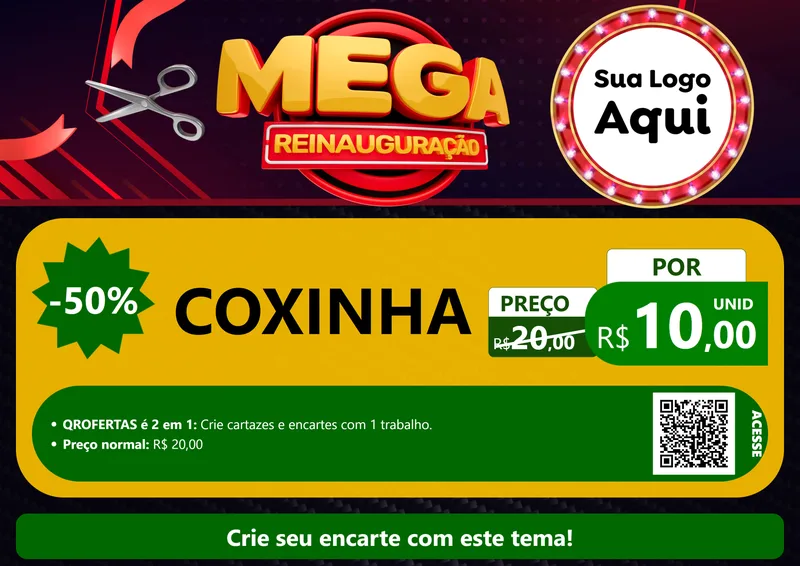 Modelo de Cartaz para Cartaz A4 Horizontal com o tema Mega Reinauguração para Salgadaria