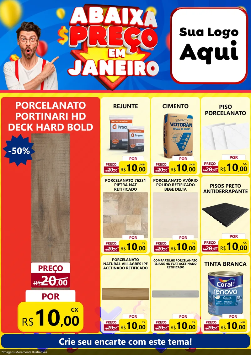 Modelo de Encarte para Encarte A4 Vertical com o tema Abaixa Preço em Janeiro para Pisos e revestimentos