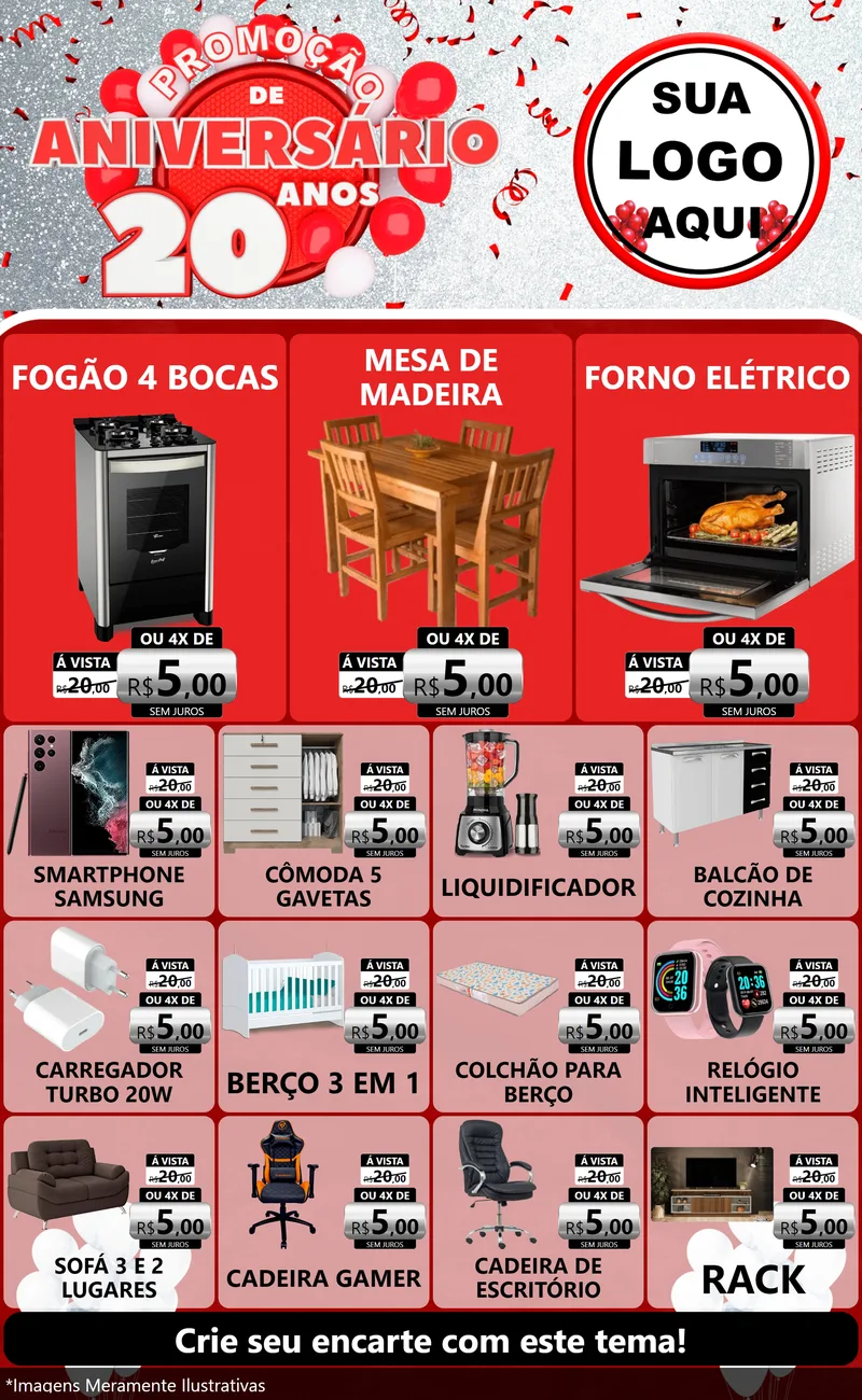Modelo de Encarte para Encarte Grande com o tema Promoção de Aniversário - 20 Anos para Móveis e Eletro