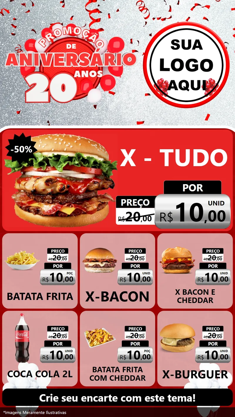 Modelo de Rede Social para Stories com o tema Promoção de Aniversário - 20 Anos para Hamburgueria
