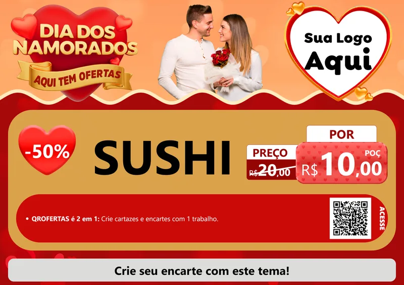 Modelo de Cartaz para Cartaz A4 Horizontal com o tema Dia dos Namorados - Aqui Tem Ofertas para Comida japonesa