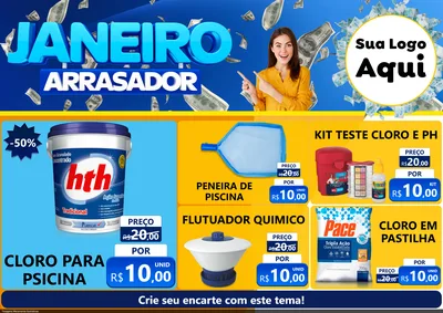 Modelo de Encarte para Encarte A4 Horizontal com o tema Janeiro Arrasador para Produtos para Piscina