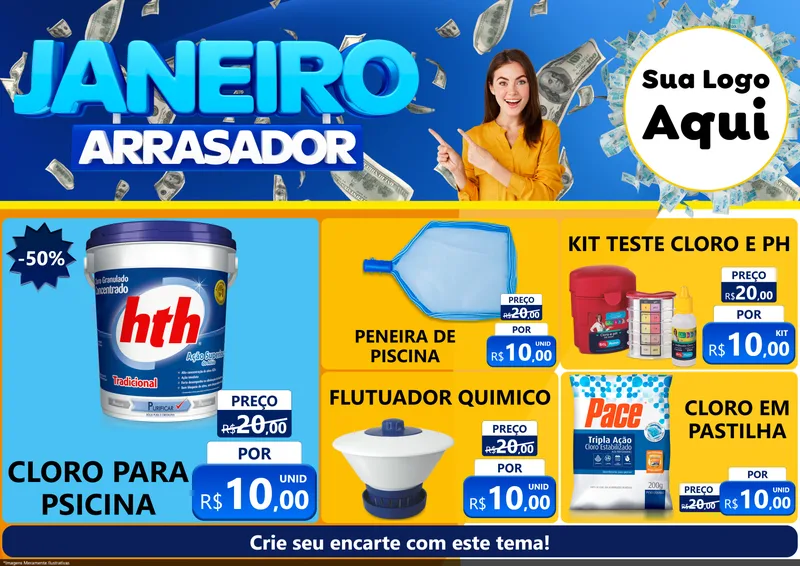 Modelo de Encarte para Encarte A4 Horizontal com o tema Janeiro Arrasador para Produtos para Piscina