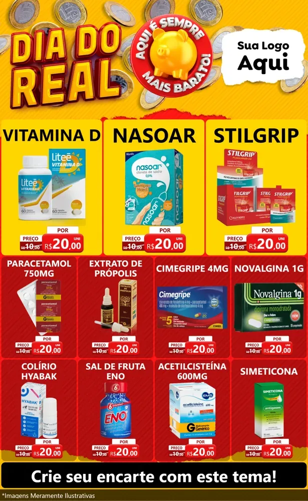 Modelo de Encarte para Encarte Grande com o tema Dia Do Real para Farmácia