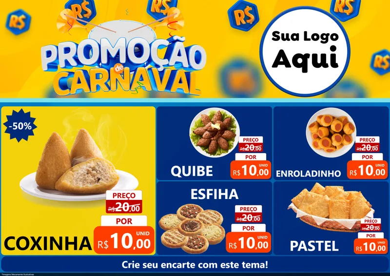 Modelo de Encarte para Encarte A4 Horizontal com o tema Promoção de Carnaval para Salgadaria