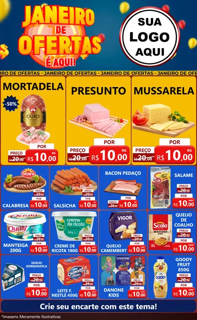 Modelo de Encarte para Encarte Grande com o tema Janeiro de Ofertas É Aqui! para Frios e Laticínios