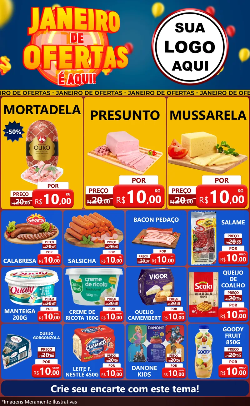 Modelo de Encarte para Encarte Grande com o tema Janeiro de Ofertas É Aqui! para Frios e Laticínios