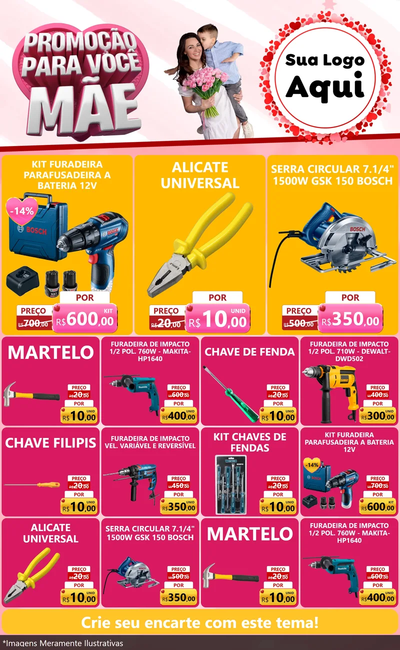 Modelo de Encarte para Encarte Grande com o tema Promoção Para Você Mãe para Maquinas e Ferramentas