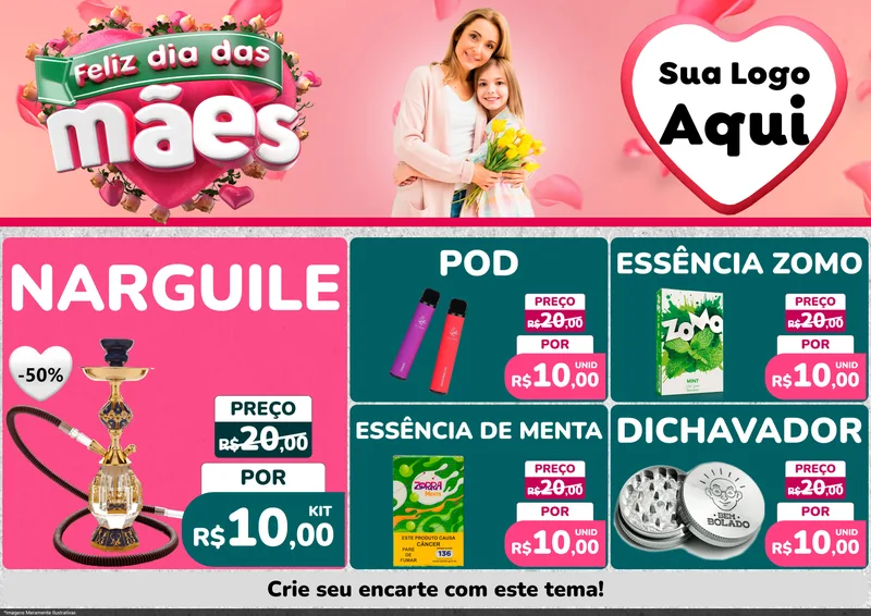 Modelo de Encarte para Encarte A4 Horizontal com o tema Feliz Dia das Mães para Tabacaria