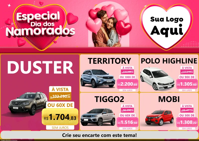 Modelo de Encarte para Encarte A4 Horizontal com o tema Especial Dia dos Namorados para Concessionaria de Carros