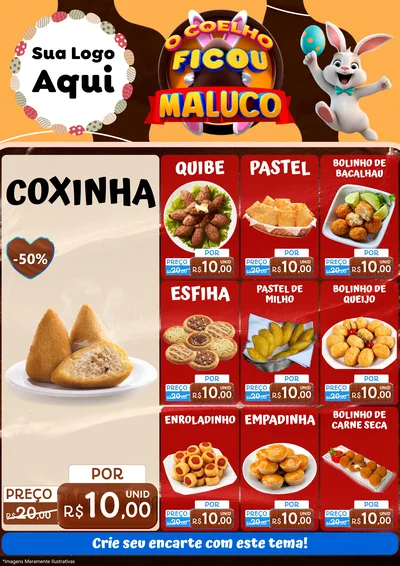 Modelo de Encarte para Encarte A4 Vertical com o tema O Coelho Ficou Maluco - Páscoa para Salgadaria
