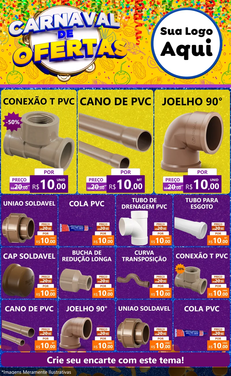 Modelo de Encarte para Encarte Grande com o tema Carnaval de Ofertas para Tubos e conexões