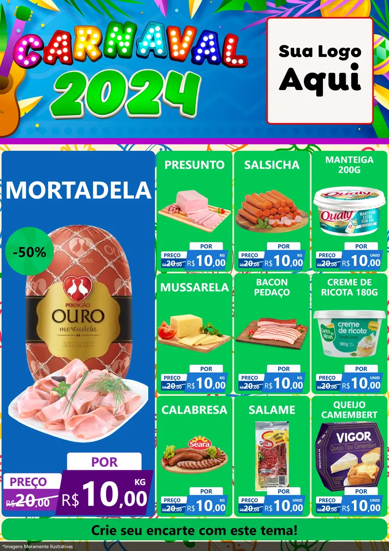 Modelo de Encarte para Encarte A4 Vertical com o tema Carnaval 2027 para Frios e Laticínios