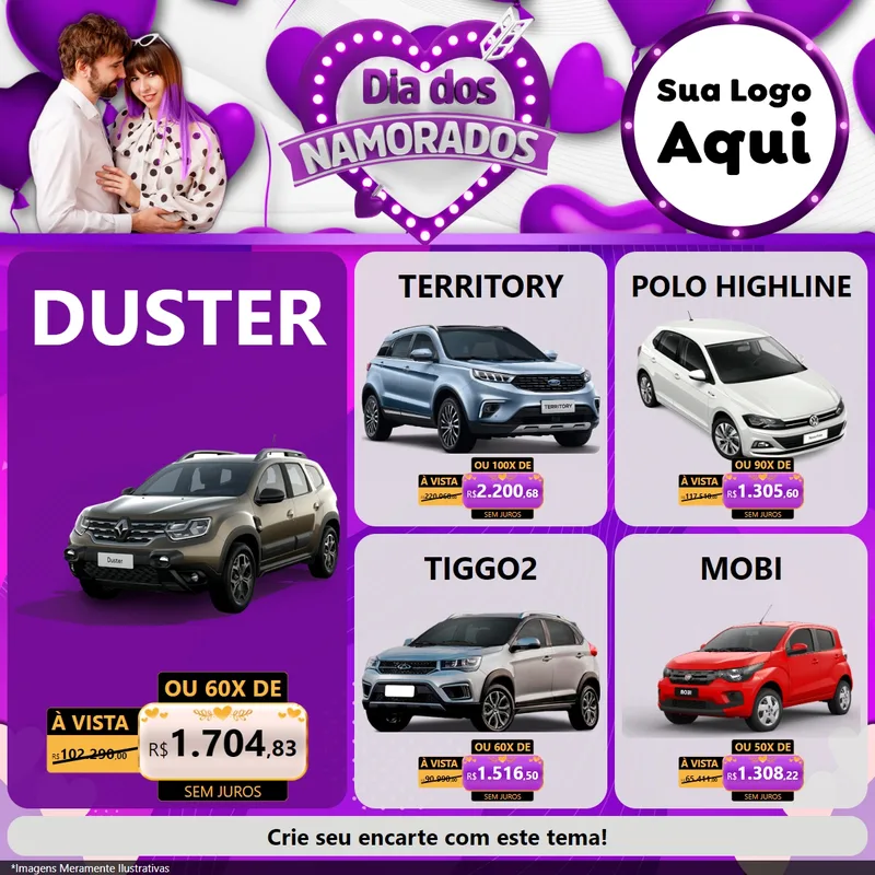 Modelo de Rede Social para Feed Facebook com o tema Dia dos Namorados para Concessionaria de Carros