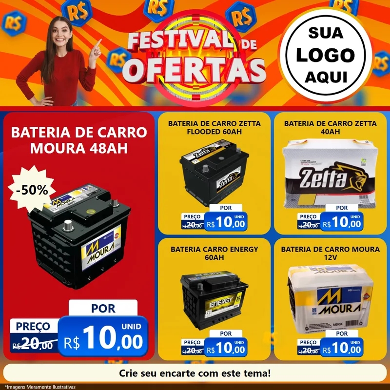 Modelo de Rede Social para Feed Facebook com o tema Festival de Ofertas para Baterias Elétricas