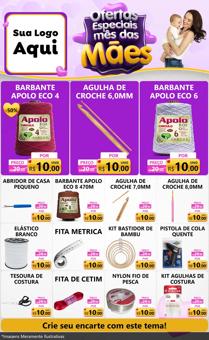 Modelo de Encarte para Encarte Grande com o tema Ofertas Especiais - Mês das Mães para Armarinho e Aviamentos