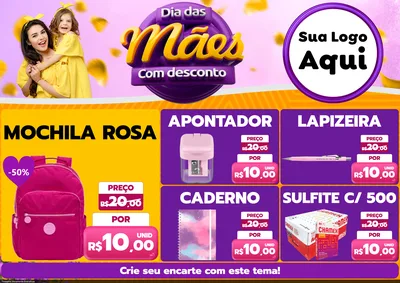 Modelo de Encarte para Encarte A4 Horizontal com o tema Dia das Mães com Desconto para Papelaria