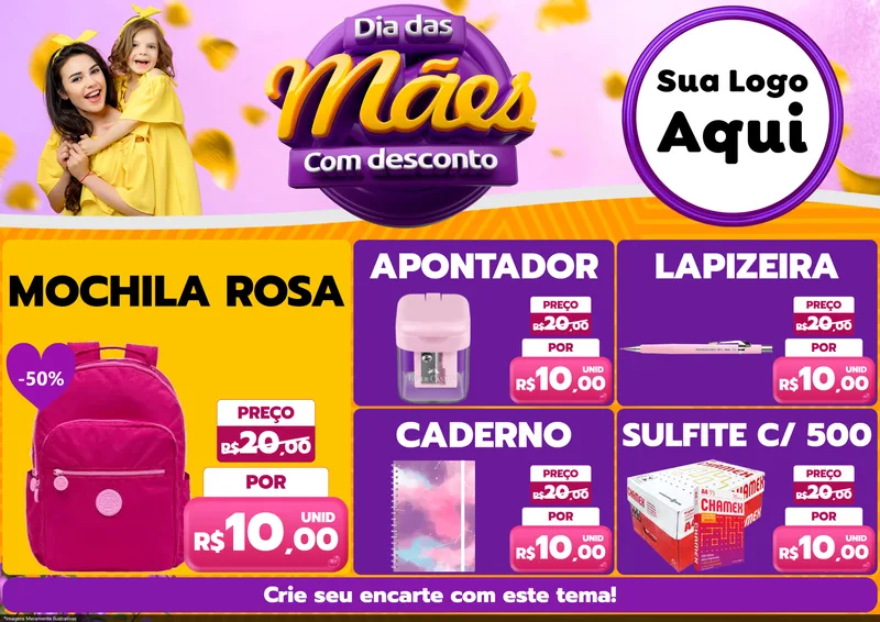 Modelo de Encarte para Encarte A4 Horizontal com o tema Dia das Mães com Desconto para Papelaria