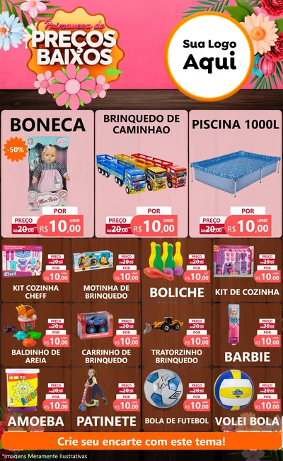 Modelo de Encarte para Encarte Grande com o tema Primavera de Preços Baixos para Brinquedos