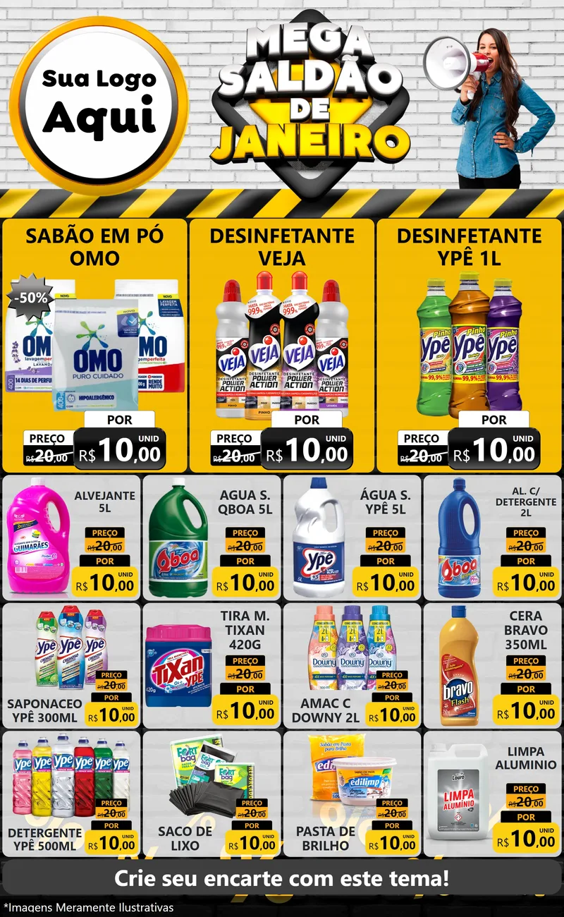 Modelo de Encarte para Encarte Grande com o tema Mega Saldão de Janeiro para Produtos de Limpeza