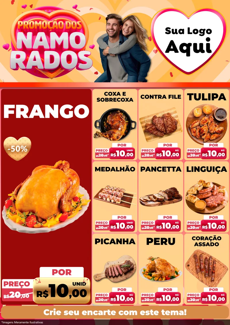 Modelo de Encarte para Encarte A4 Vertical com o tema Promoção dos Namorados para Assados